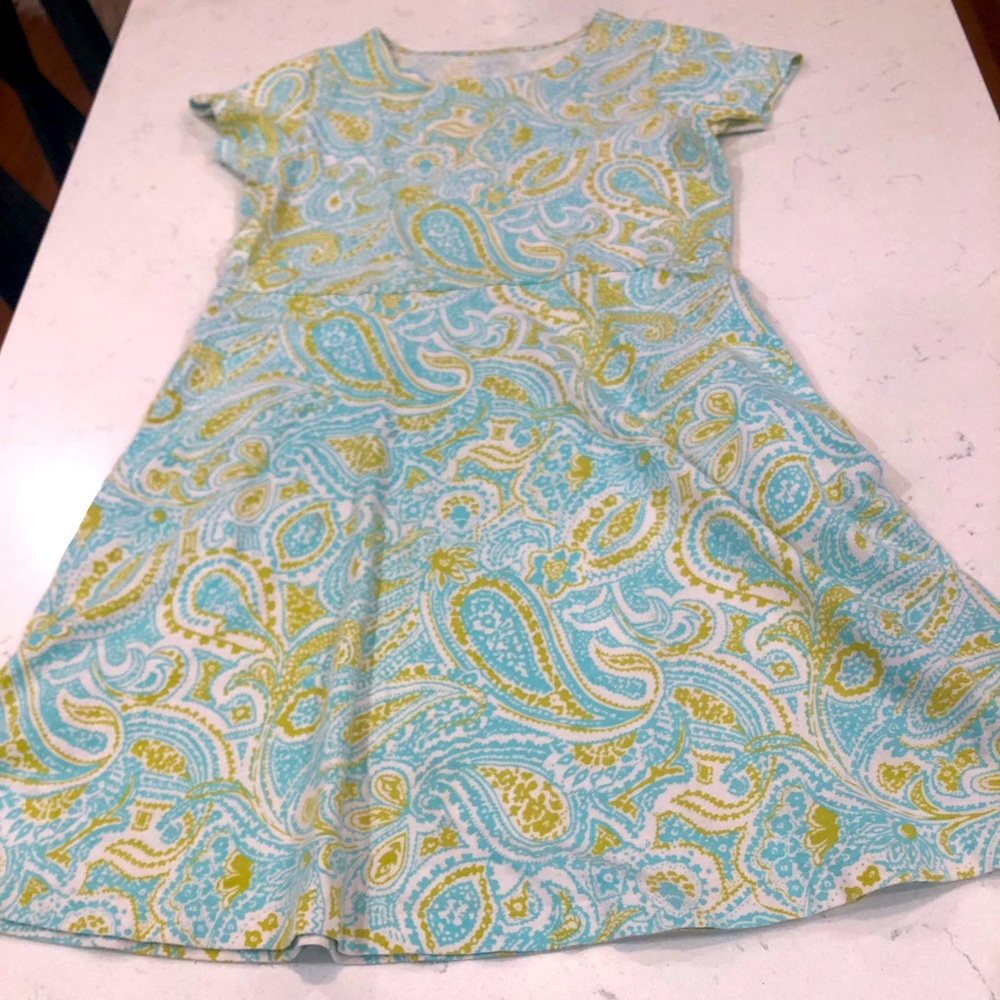 Lands End Girls Dress Green Blue White Yellow Paisley Cotton Short Sleeve Sz 7-8